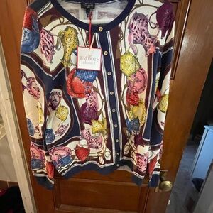 Talbots Multicolor tea pot Print Cardigan